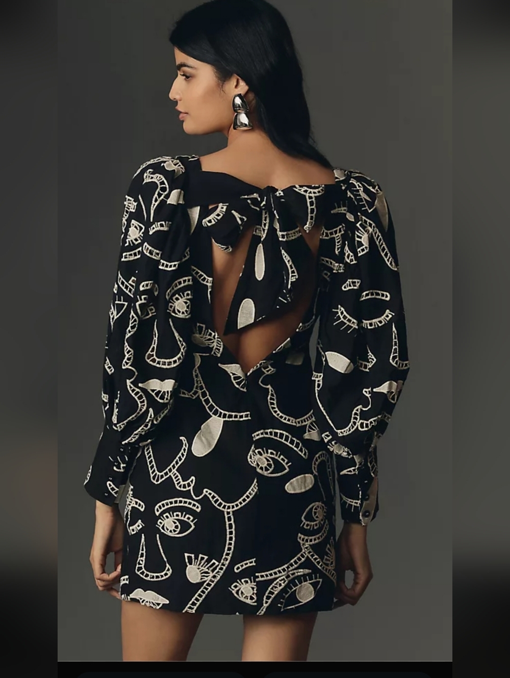 Farm Rio Richelieu Faces Black & Cream Embroidered Puff-Sleeve Women's Dress XL